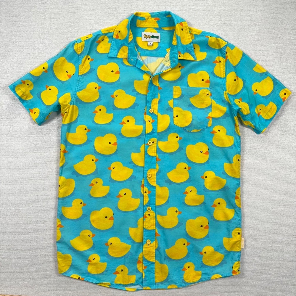 Tipsy Elves Shirt Mens Size L Blue Yellow Rubber Ducky Short Sleeve Cotton Rayon